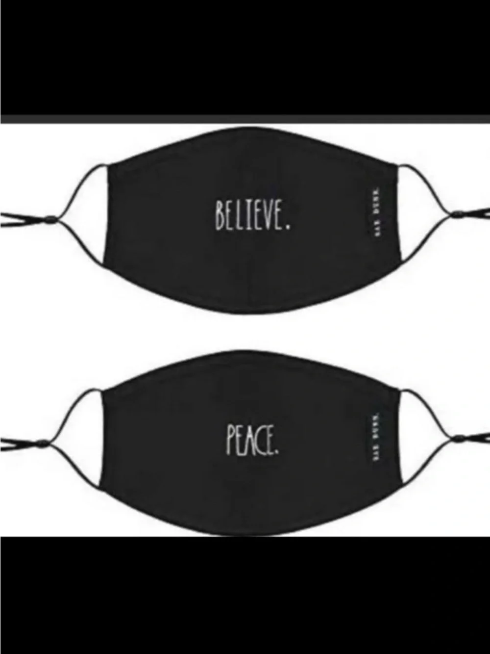 RAE DUNN 4 Packages Stitched Believe & Peace Reusable Fabric Black Masks NEW!